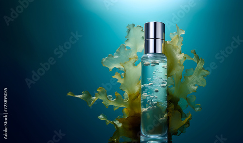Cosmetic bottle mockup with bubbles on underwater background with algae sea plant. Collagen extract cosmetics product mockup template.