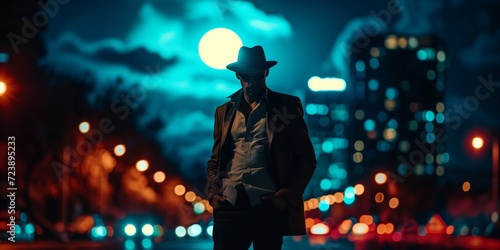 Detective In Hat Stands Tall In A Vibrant City, Moonlit Background. Сoncept Film Noir Mystery, Urban Adventures, Moonlit Mystique, Sleuthing In The City photo