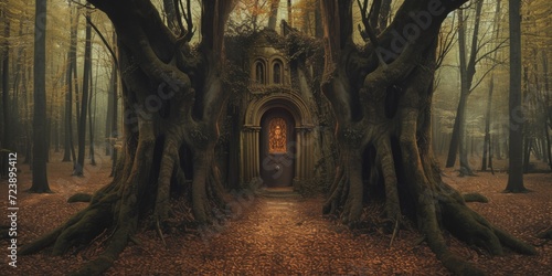 Eerie Abode Hidden Within A Mysterious Forest Exudes An Otherworldly Aura. Сoncept Haunted Mansion, Enchanted Woods, Mystical Atmosphere, Ethereal Presence