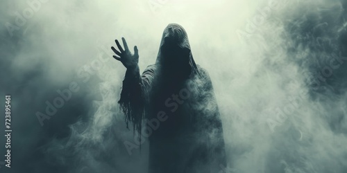 Eerie Reaper Emerges From Depths, Beckoning With Outstretched Hand, Amidst Haunting Mist. Сoncept Fantasy Forest Adventure, Magical Creatures And Enchanting Landscapes, Mystical Portraits