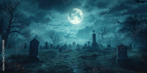 Eerie Cemetery Illuminated By Moonlight  With Bats Fluttering In Cloudy Night.   oncept Spooky Halloween Decorations  Haunted House Tour  Scary Movie Marathon  Ghost Stories By The Campfire