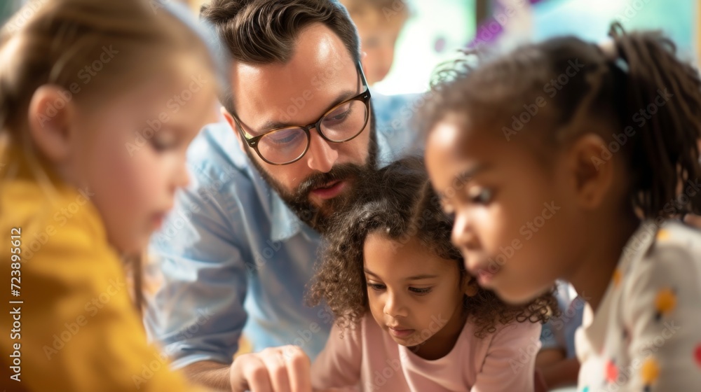 Engaged teacher reading to children, early education and learning, classroom interaction Engaged teacher reading to children, early education and learning, classroom interaction