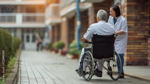 Caring nurse assisting elderly man in wheelchair, healthcare and support in senior home
