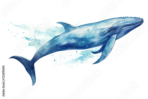 Watercolor blue whale on white background. Generative Ai