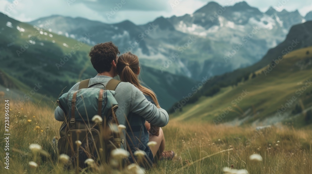 Couple enjoying serene mountain view, representing romantic travel and adventure