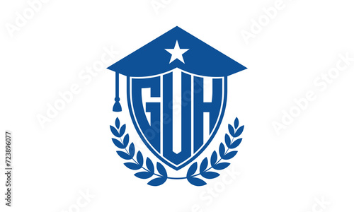 GUH three letter iconic academic logo design vector template. monogram, abstract, school, college, university, graduation cap symbol logo, shield, model, institute, educational, coaching canter, tech photo