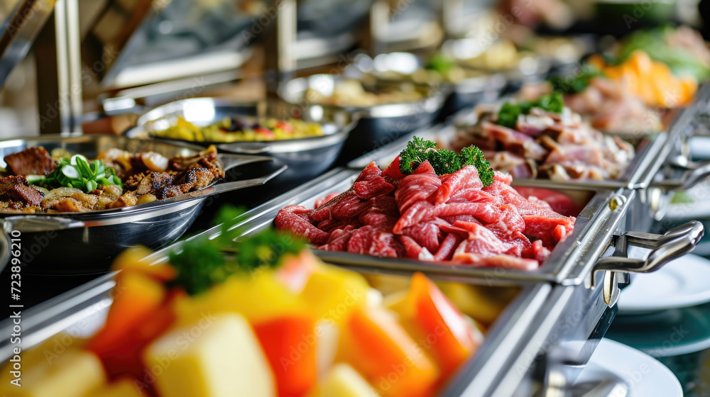 Buffet filled with wide array of delicious food options. Perfect for events, parties, or gatherings.