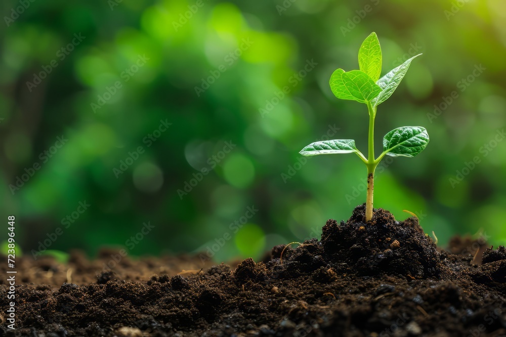 Fototapeta premium Green plant sprouting from soil, growth concept, nature background, gardening and environment themes, botanical illustrations, and educational materials or earth day celebration.