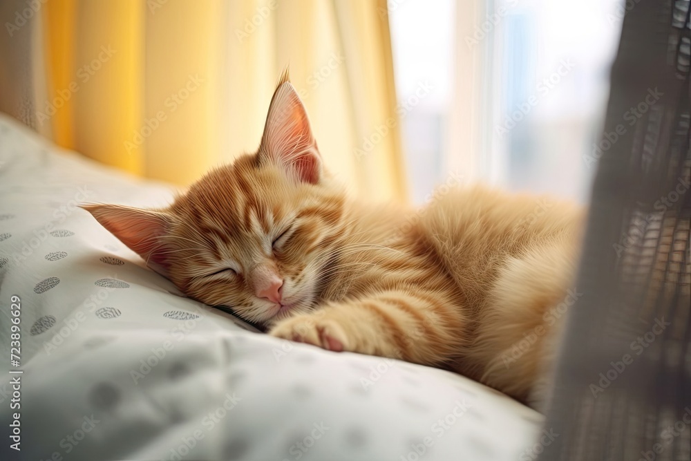A pet is resting on a warm blanket. Cute little striped kitten sleeping on a white blanket. Cute little kitten sleeping on the bed. The concept of funny adorable pets.