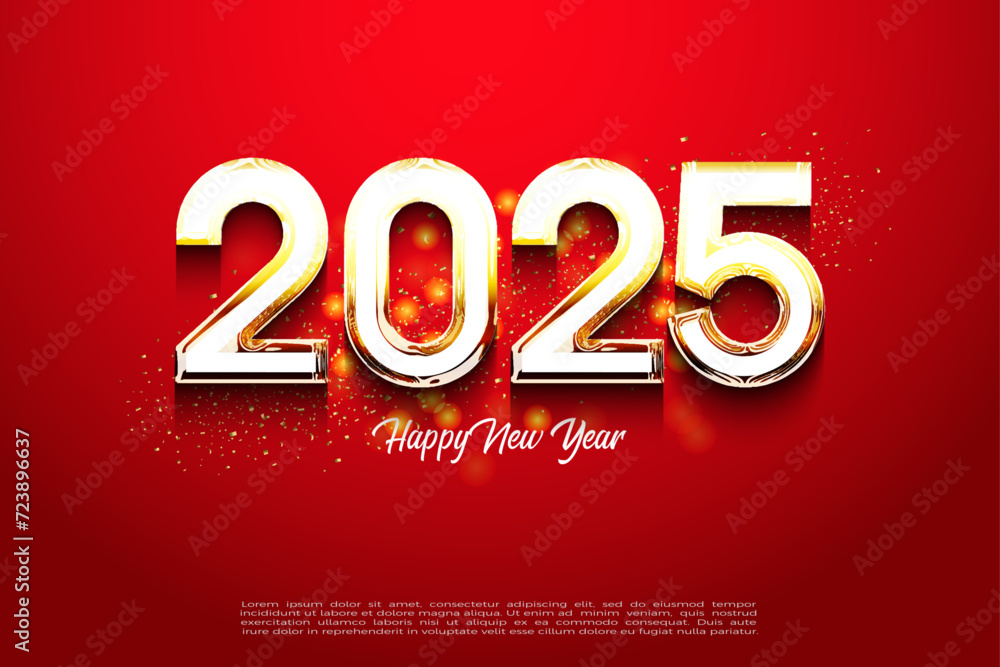 Happy New Year 2025 golden gold sprinkles. with bright and shiny