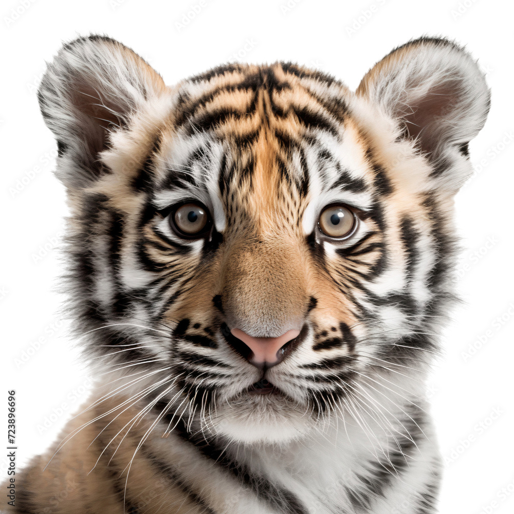 Fototapeta premium Close up portrait of a baby tiger, isolated on transparent background