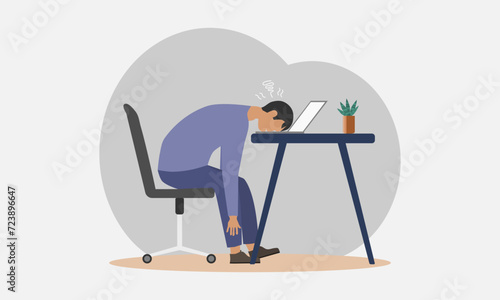 An exhausted young man at work. Burnout or frustrated worker concept. Vector illustration.
