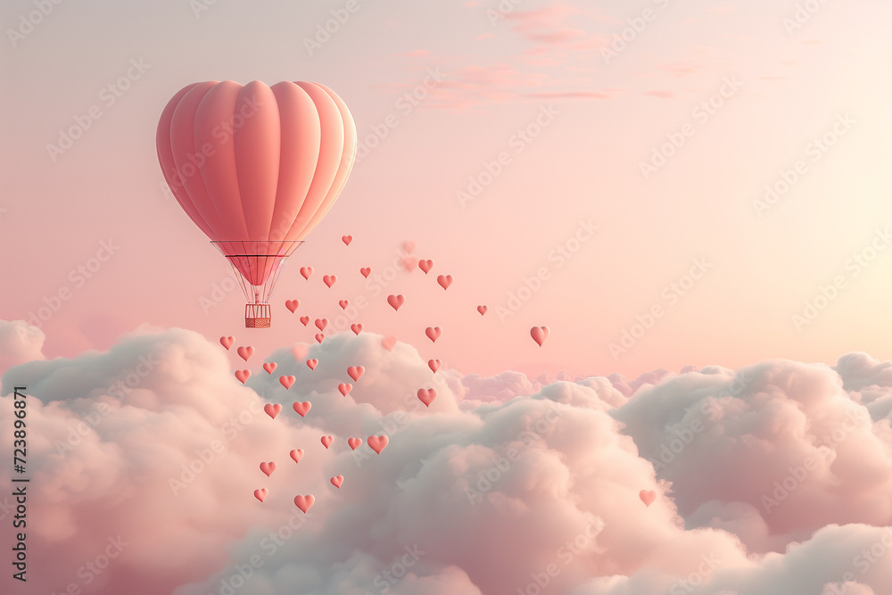 Fototapeta premium Heart Hot Air Balloon in Pink Valentine's Day Sky Romantic heart-patterned hot air balloon soaring through a dreamy pink sky filled with fluffy clouds and small hearts.