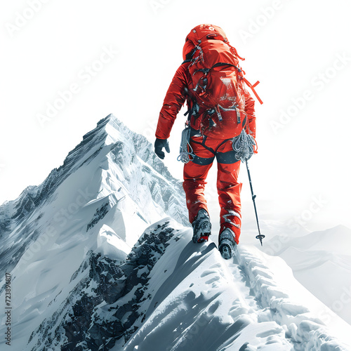 Hiker reaching the summit of a challenging mountain isolated on white background, cinematic, png
