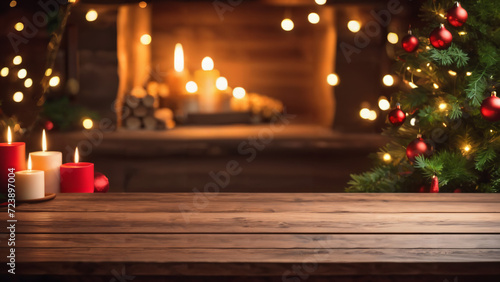 a wooden table with candles and a christmas tree in the background with lights on it and a fireplace in the background