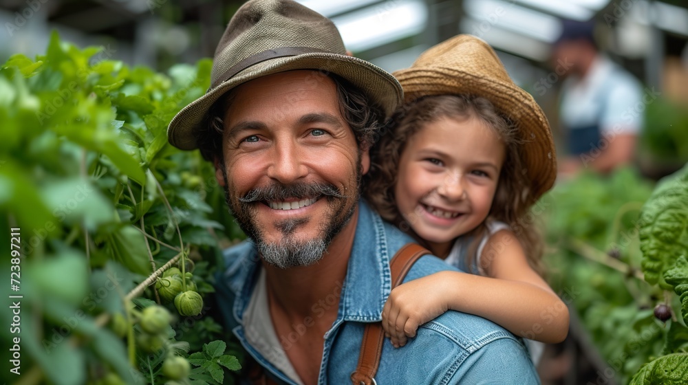 Happy farmer dad father with daughter child on piggyback walking fun in garden greenhouse Happy farmer dad father with daughter child on piggyback walking fun in garden greenhouse