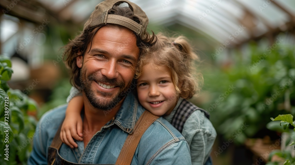 Happy farmer dad father with daughter child on piggyback walking fun in garden greenhouse