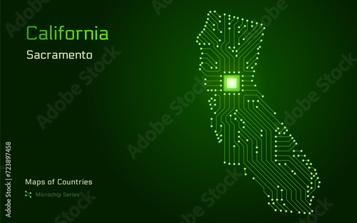 California Map with a capital of Sacramento Shown in a Microchip Pattern. Silicon valley, E-government. United States vector maps. Microchip Series	