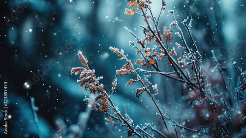 Detailed view of plant covered in snow. This image captures beauty of nature in winter. Ideal for winter-themed designs and seasonal content © vefimov