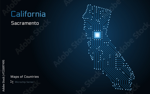 California Map with a capital of Sacramento Shown in a Microchip Pattern. Silicon valley, E-government. United States vector maps. Microchip Series	
