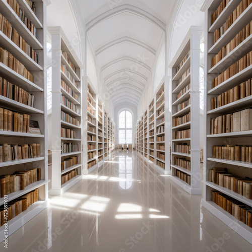 Interior of a library with rows of books. 