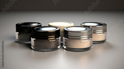 Jars with lids sitting on table. Suitable for kitchen, food storage, or home organization themes