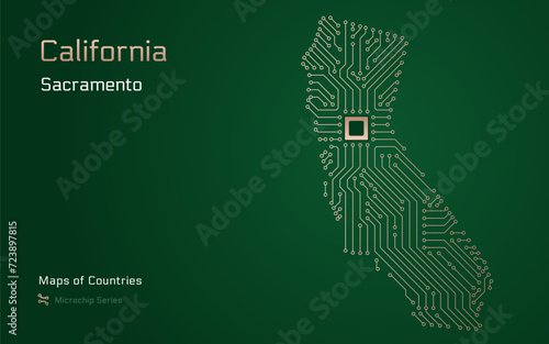 California Map with a capital of Sacramento Shown in a Microchip Pattern. Silicon valley, E-government. United States vector maps. Microchip Series	