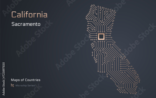 California Map with a capital of Sacramento Shown in a Microchip Pattern. Silicon valley, E-government. United States vector maps. Microchip Series	