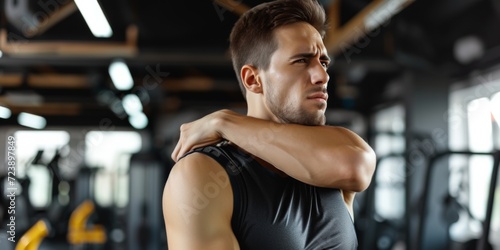 Fit Man Experiencing Discomfort In His Shoulder While Exercising At Gym. Сoncept Shoulder Injuries, Gym Exercises, Fitness Tips, Injury Prevention, Physical Therapy