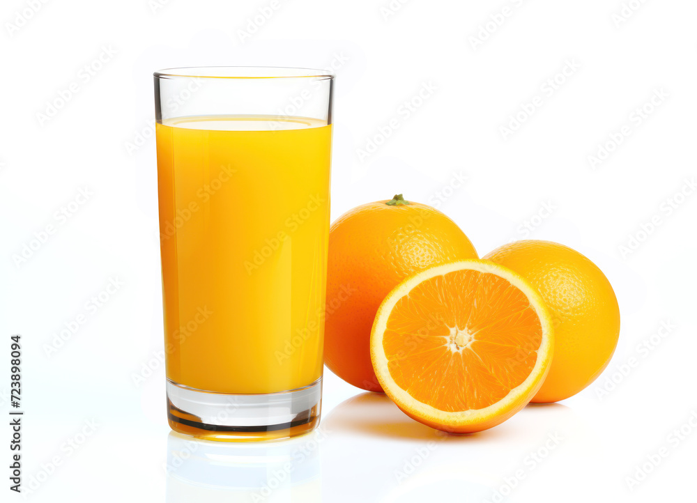 Fresh Orange juice in a glass with fruits cut in half and sliced, green leaf, refreshing and healthy citrus beverage, juicy breakfast drink, isolated on white background, with clipping path Fresh Orange juice in a glass with fruits cut in half and sliced, green leaf, refreshing and healthy citrus beverage, juicy breakfast drink, isolated on white background, with clipping path