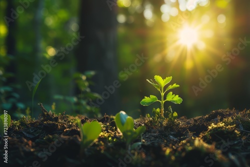 Green plant sprouting from soil, growth concept, nature background, gardening and environment themes, botanical illustrations, and educational materials or earth day celebration. photo