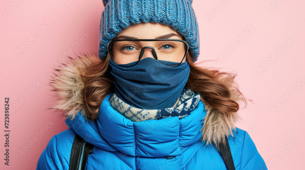 Woman wearing blue jacket and blue hat. Can be used for fashion, winter, or outdoor activities