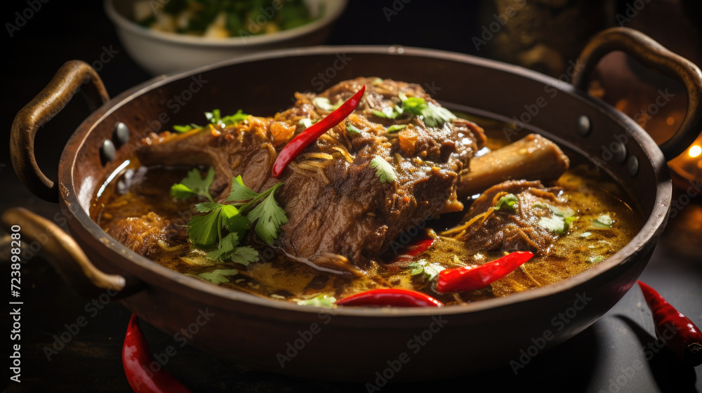 Pot filled with meat and vegetables placed on top of table. Suitable for recipes and cooking themes