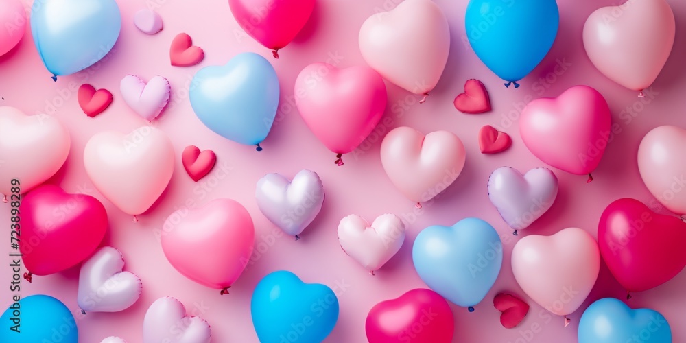 Hearts And Balloons Create A Colorful Backdrop For Valentines Day Celebration. Сoncept Valentine's Day Photoshoot, Heart-Themed Props, Romantic Backdrops, Love-Filled Portraits, Heart-Shaped Balloons