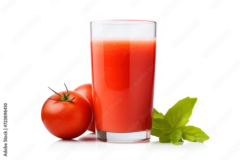 Tomato Juice in Glass, Tomatoes cut half sliced, green leaf, Healthy Vegetarian Beverage, refreshing healthy citrus beverage, breakfast drink, isolated on white background, with clipping path Tomato Juice in Glass, Tomatoes cut half sliced, green leaf, Healthy Vegetarian Beverage, refreshing healthy citrus beverage, breakfast drink, isolated on white background, with clipping path