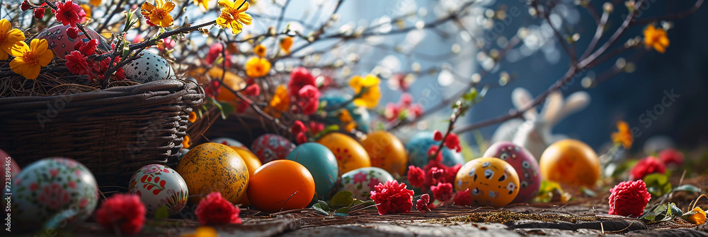 Easter background with coloured eggs. AI generative.