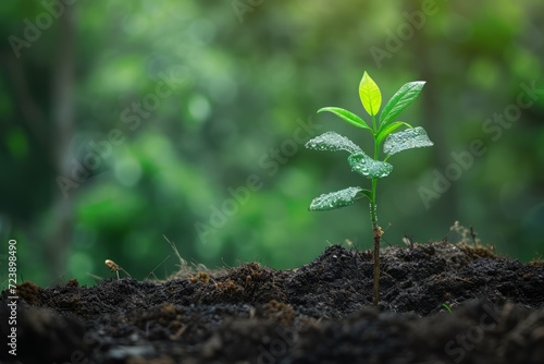 Green plant sprouting from soil, growth concept, nature background, gardening and environment themes, botanical illustrations, and educational materials or earth day celebration.