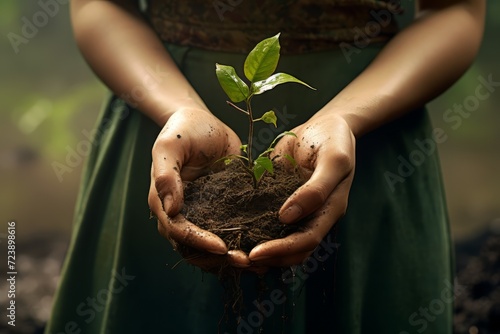 Person holding small plant in hands, planting in dirt. Suitable for gardening, environmental, growth, nature, sustainability, and ecofriendly themes. photo