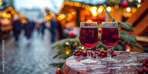 Festive Christmas Market Display: Mulled Wine Glasses Adorn A Table. Сoncept Holiday Decorations, Festive Atmosphere, Local Vendors, Winter Delights, Christmas Spirit