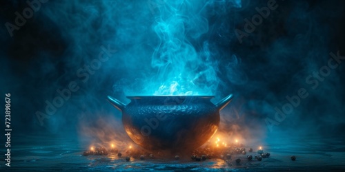 Enigmatic Cauldron Shimmers With Luminous Elixir Amidst Mysterious Ambience. Сoncept Mystical Potions, Enchanting Atmosphere, Luminous Elixir, Mysterious Cauldron, Enigmatic Ambience