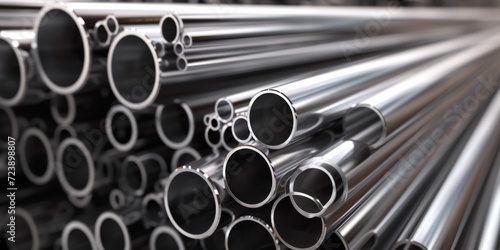 Inventory Of Steel Pipes, Aluminum Alloy, And Chromeplated Stainless Steel In A Warehouse. Сoncept Steel Pipes, Aluminum Alloy, Chromeplated Stainless Steel, Warehouse Inventory