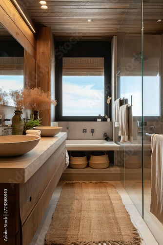 Modern bathroom with natural elements. © Suwanlee