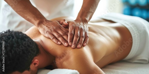 Professional Therapist Providing Targeted Sports Massage For Athletes Lower Back. Сoncept Deep Tissue Massage, Injury Prevention, Muscle Recovery, Sports Performance Enhancement, Relaxation Techniques photo