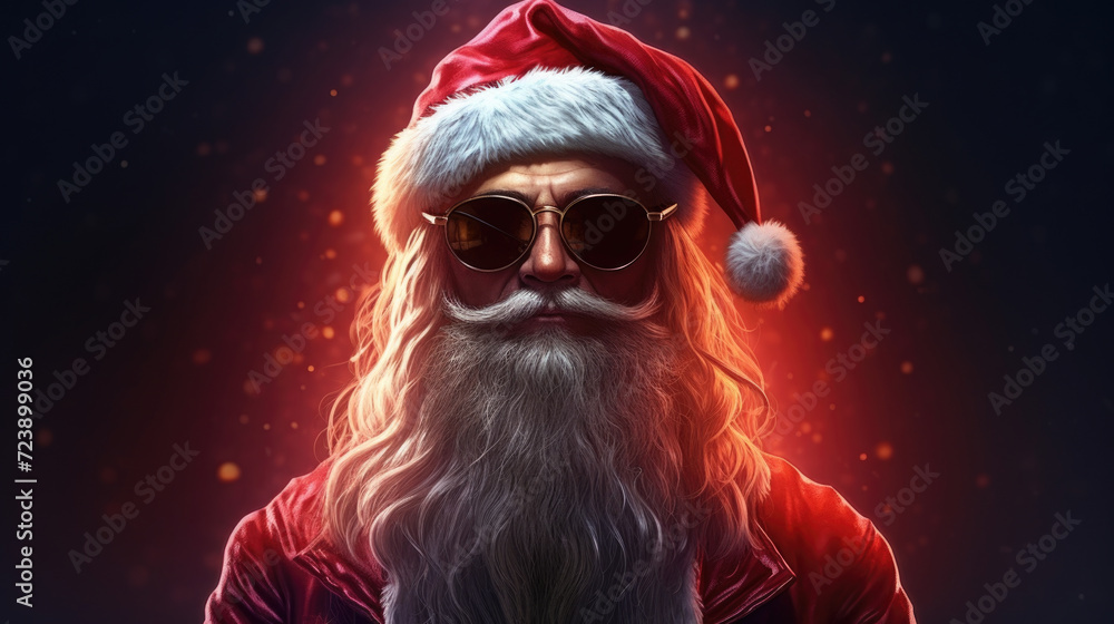 Fototapeta premium Man with long beard wearing sunglasses and Santa hat. Perfect for holiday-themed designs and festive promotions