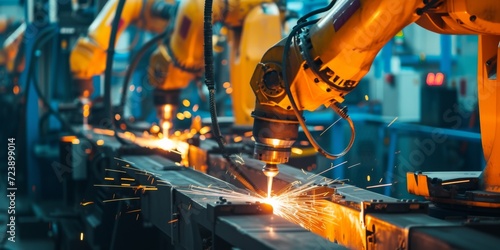 Robotic Welding In A Cuttingedge Factory, Showcasing Advanced Automation And Precision. Сoncept Robotic Welding, Cutting-Edge Factory, Advanced Automation, Precision, Showcase
