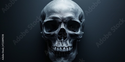 Sinister Skull Contrasts With Shadowy Backdrop, Invoking A Macabre Atmosphere. Сoncept Sinister Skull, Shadowy Backdrop, Macabre Atmosphere
