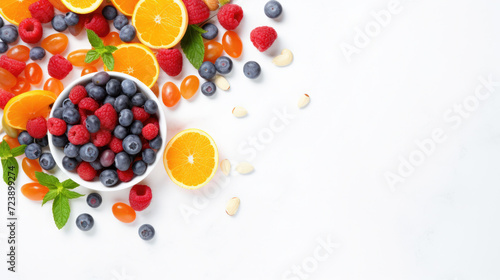 Variety of fresh fruits arranged in white bowl. Perfect for healthy eating or nutrition-related content