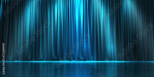 Stage Lights Illuminate Blue Curtain Background In Modern Vector Style. Сoncept Stage Lights, Blue Curtain, Modern Vector Style, Illumination, Background