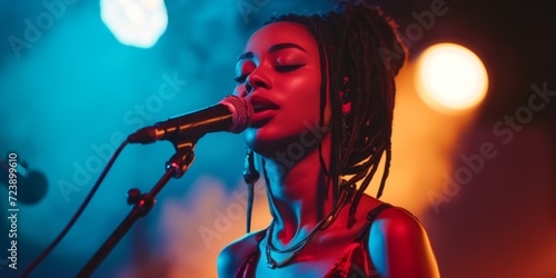 Talented Black Woman With Powerful Vocals Performs Passionately On Stage. Сoncept Sustainable Fashion, Healthy Cooking, Diy Home Decor, Fitness Motivation, Nature Photography