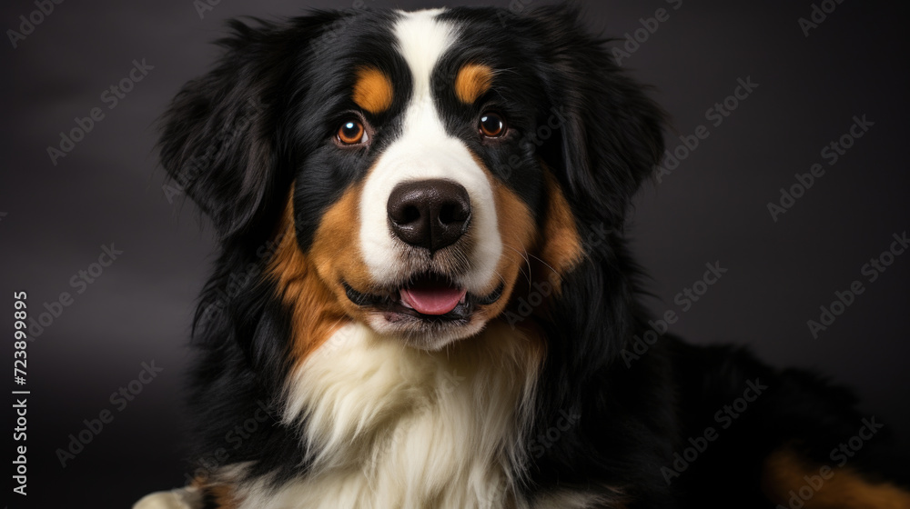 Dog with black, white, and brown fur looking directly at camera. Suitable for various uses